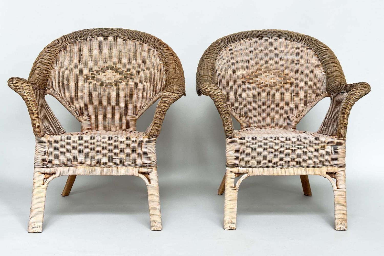 CONSERVATORY ARMCHAIRS, a pair, mid 20th century rattan framed and two tone cane with arched - Image 10 of 12