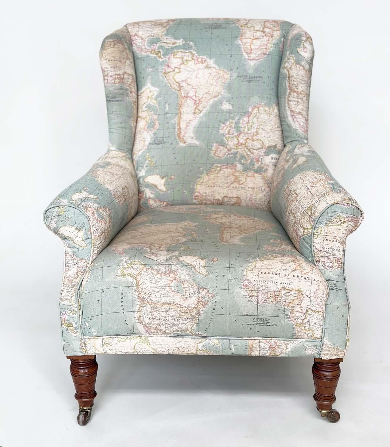WING ARMCHAIR, Victorian walnut with circa 1900 World Atlas printed fabric upholstery scroll arms - Image 11 of 12