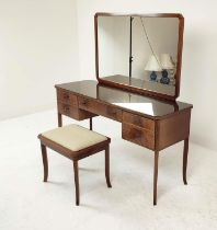 DRESSING TABLE, mid 20th century mahogany and chevron inlaid banding with five drawers and mirror,