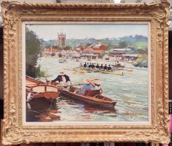 20TH CENTURY BRITISH SCHOOL, 'Henley Regatta', oil on canvas, indistinctly signed, 40cm x 49cm,