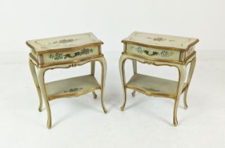 SERPENTINE BEDSIDE TABLES, Italianate craquelure, floral painted and gilt heightened, each with