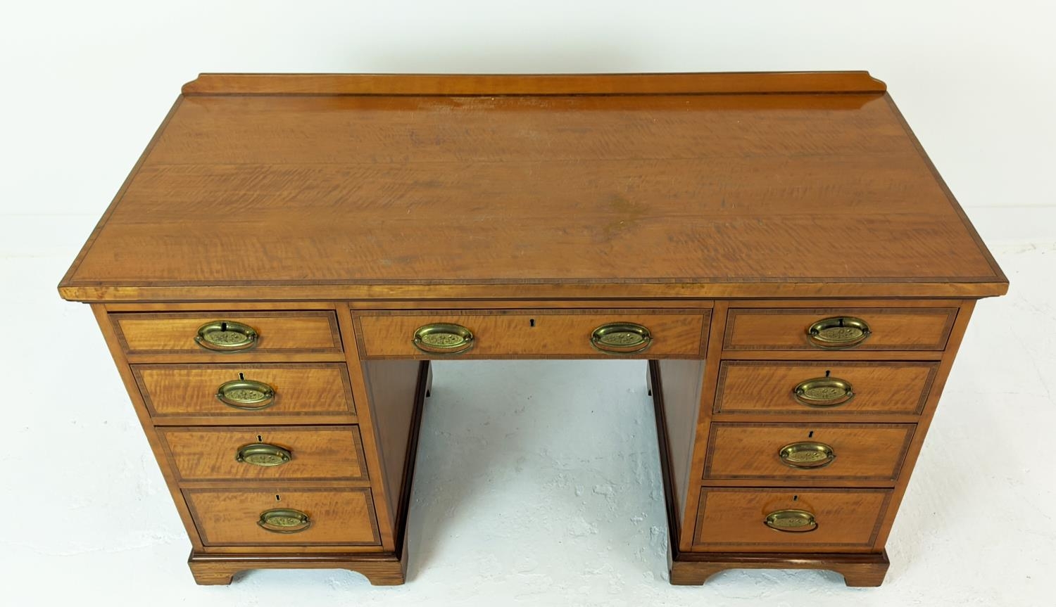 PEDESTAL DESK, Edwardian satinwood with crossbanded detail, 135cm x 58cm x 85cm H, raised on - Image 3 of 11