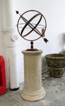 ARMILARY SPHERE, wrought iron on a faux stone column, 134cm H x 41cm.