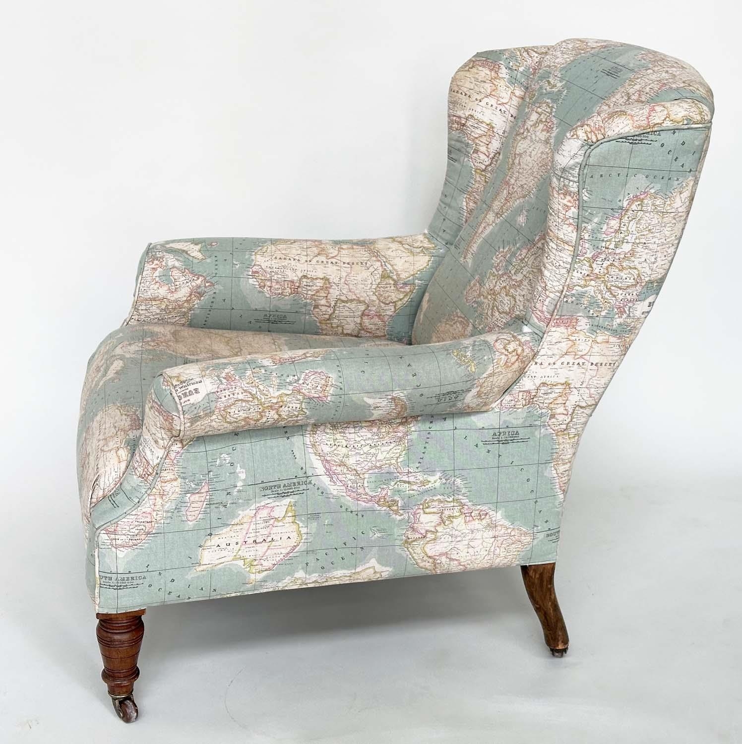 WING ARMCHAIR, Victorian walnut with circa 1900 World Atlas printed fabric upholstery scroll arms - Image 10 of 12