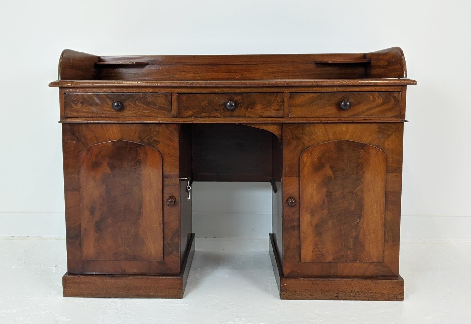 DESK, Victorian mahogany with a 3/4 gallery over three frieze drawers and cupboard base, 122cm x - Image 3 of 9