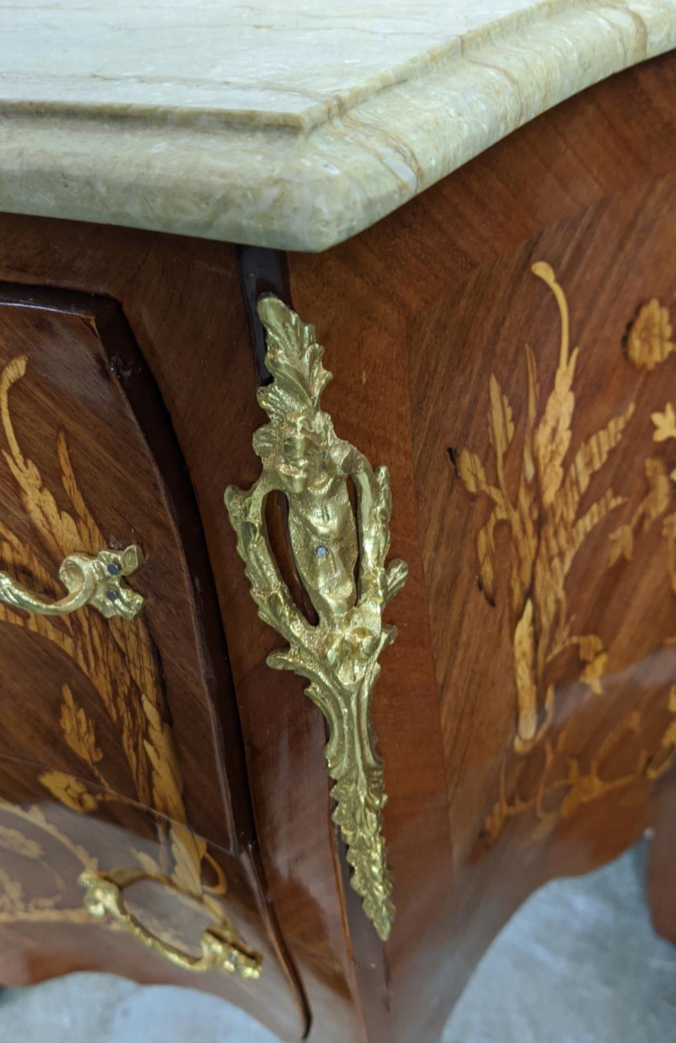 PETITE COMMODES, a pair, French style marquetry with white marble top and two drawers, 78cm H x 60cm - Image 7 of 9