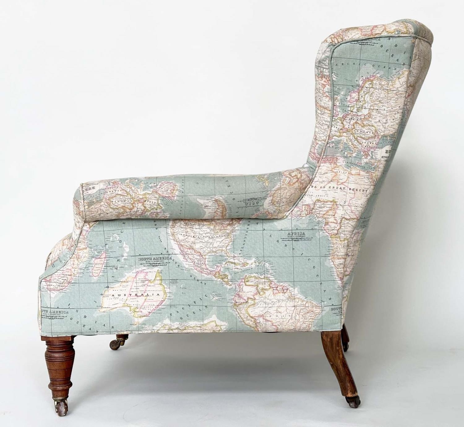 WING ARMCHAIR, Victorian walnut with circa 1900 World Atlas printed fabric upholstery scroll arms - Image 8 of 12