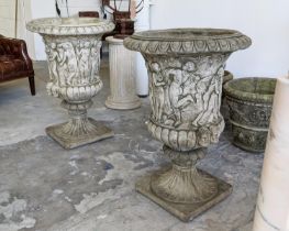 URNS, a pair, composite stone, Zoffoli style, 14cm H x 63cm. (2)