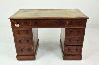 SAMUEL HALL AND SONS PEDESTAL DESK, Victorian mahogany with an inlaid green leather top above nine