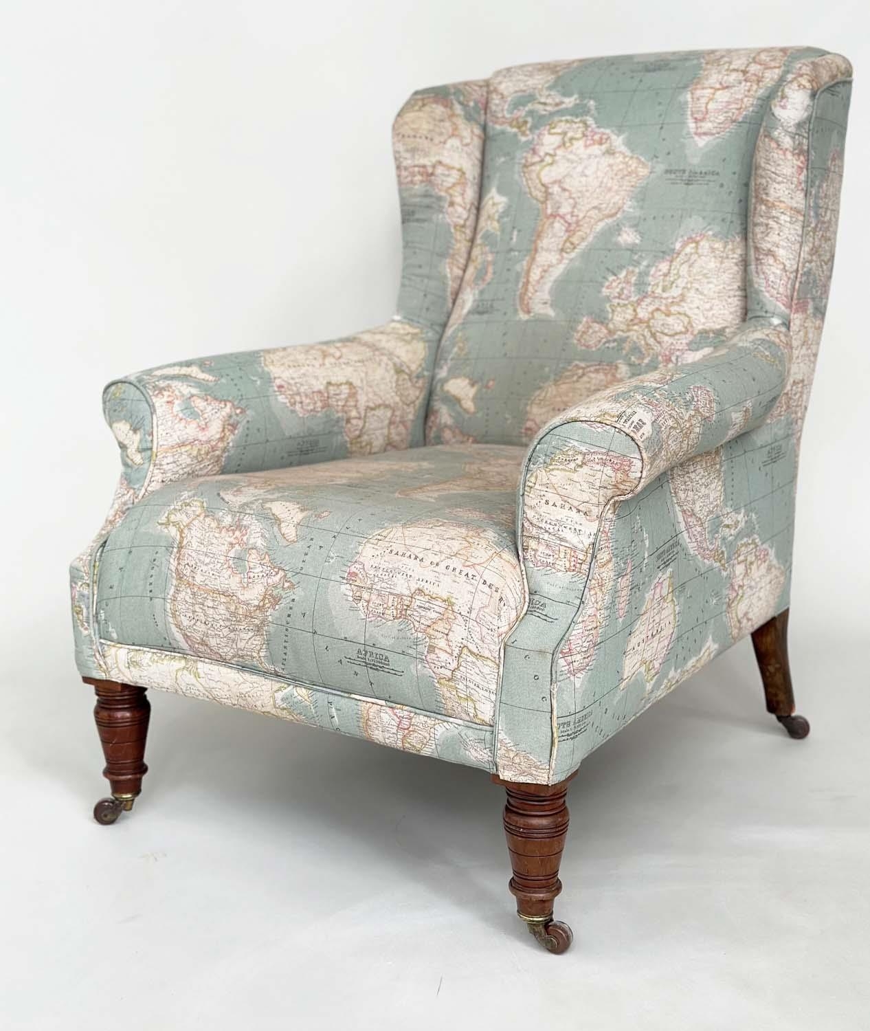 WING ARMCHAIR, Victorian walnut with circa 1900 World Atlas printed fabric upholstery scroll arms - Image 2 of 12