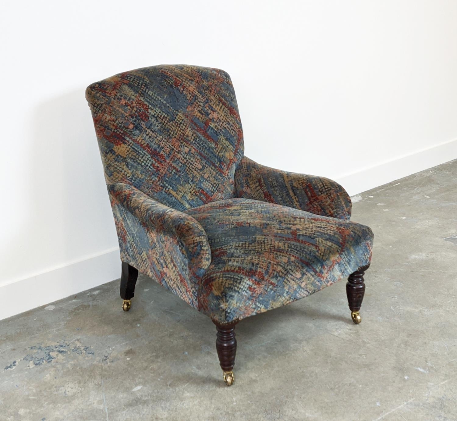 ARMCHAIR, late Victorian mahogany in patterned grey velvet on brass castors, 78cm H x 65cm x 74cm. - Image 2 of 7