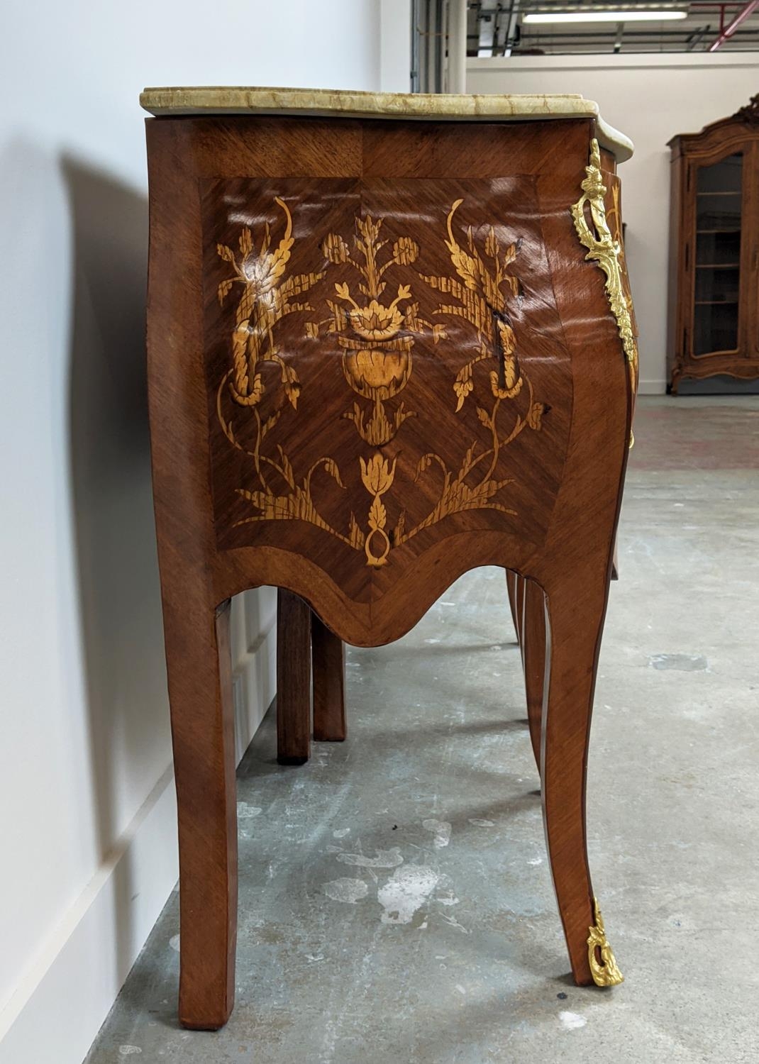 PETITE COMMODES, a pair, French style marquetry with white marble top and two drawers, 78cm H x 60cm - Image 5 of 9