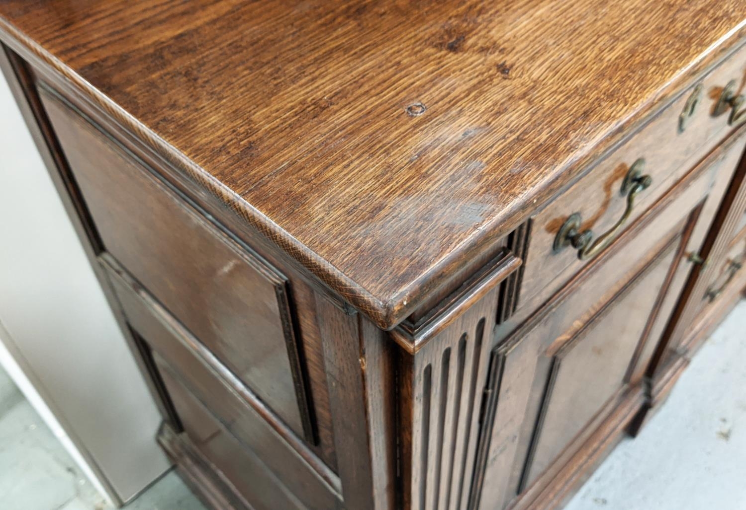 DRESSER, Georgian design oak the plate rack over six drawers and two cupboard doors with square - Image 5 of 11