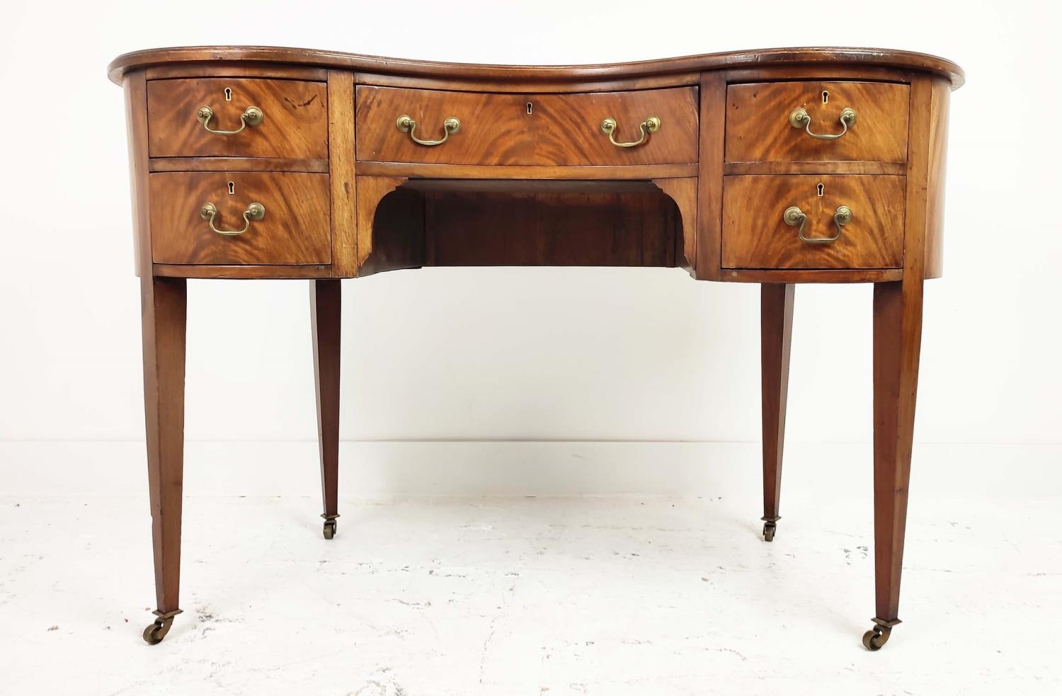 KIDNEY SHAPED DESK, Edwardian mahogany, with inlaid tooled brown leather top over five drawers, - Image 7 of 9