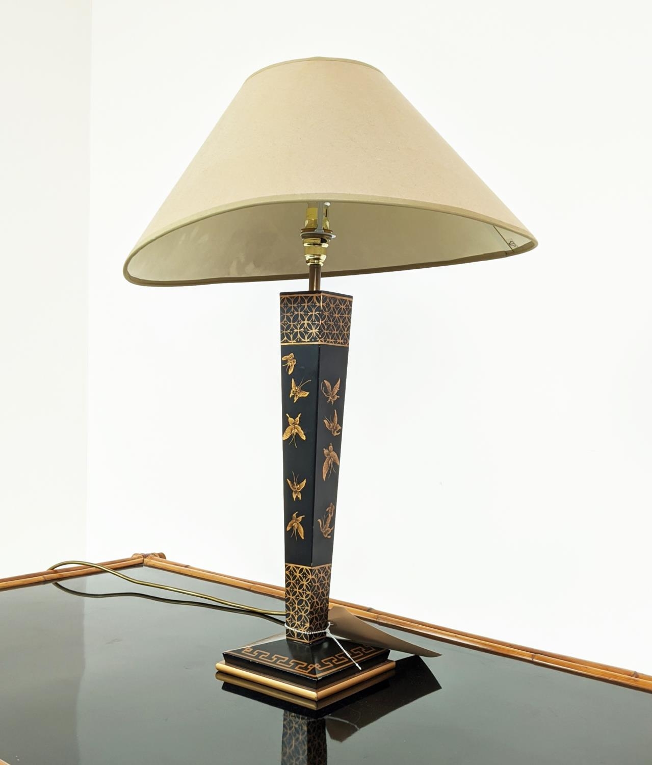 TABLE LAMP, oriental style black and gilt painted, 65cm H including shade. - Image 3 of 5