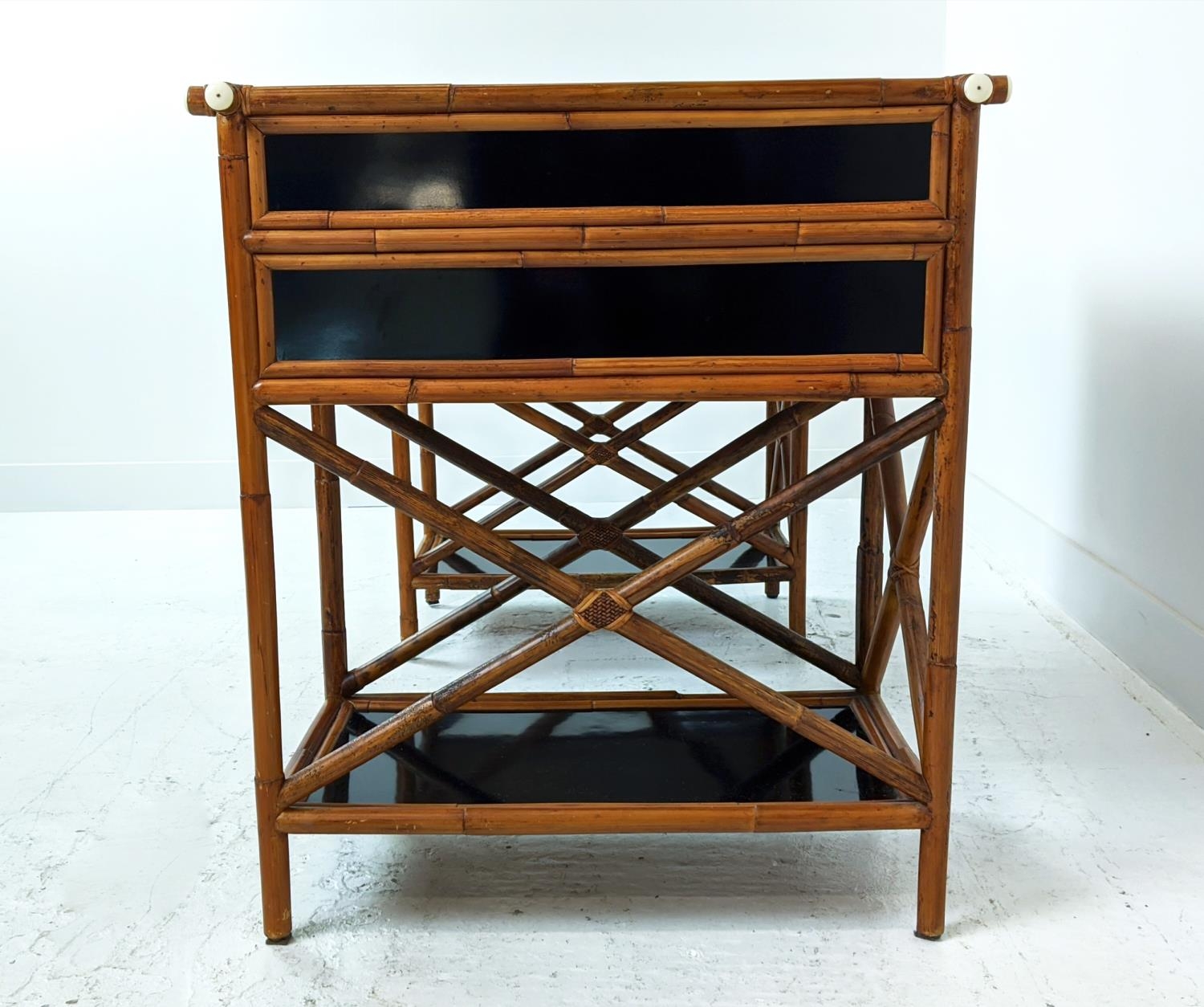 DESK, bamboo and black lacquer with five drawers, 128cm W x 77cm H x 68cm D. - Image 4 of 10