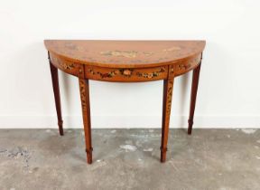 SHERATON STYLE DEMI LUNE SIDE TABLE, late 20th century satinwood and floral painted, 77cm H x