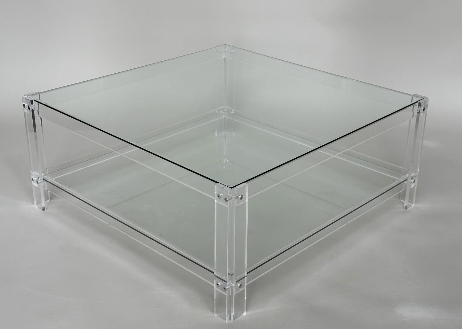 LUCITE LOW TABLE, square glazed raised upon lucite supports with undertier, 90cm x 90cm x 38cm. - Image 3 of 6