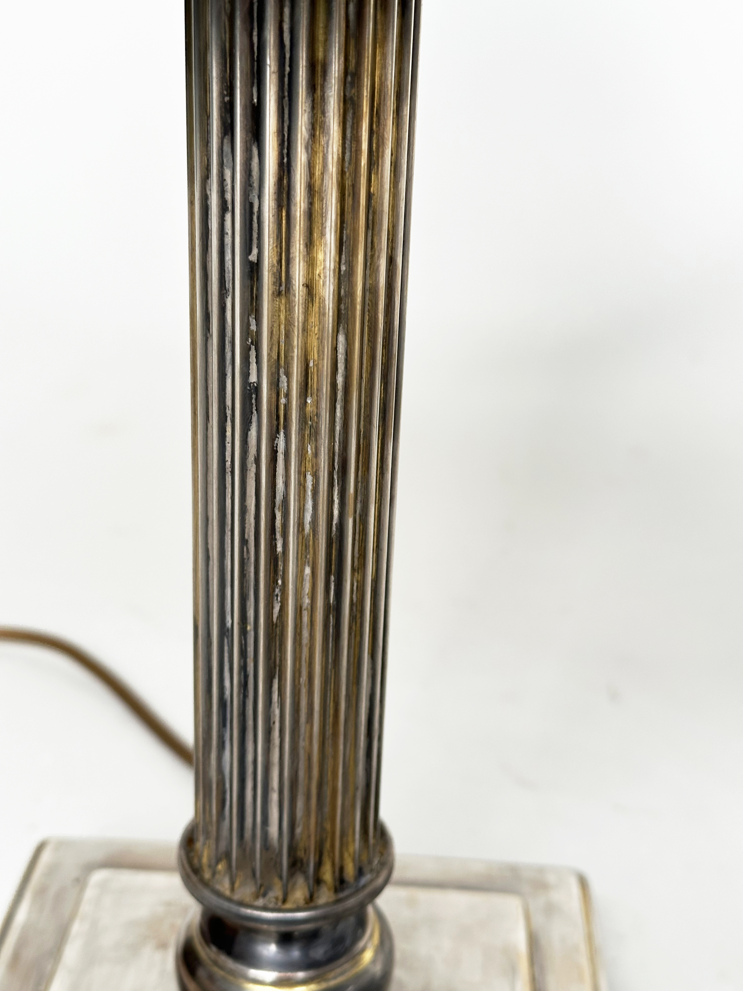 TABLE LAMPS, a pair, silvered metal each with reeded column, and square bases (with shades), 66cm H. - Image 5 of 6