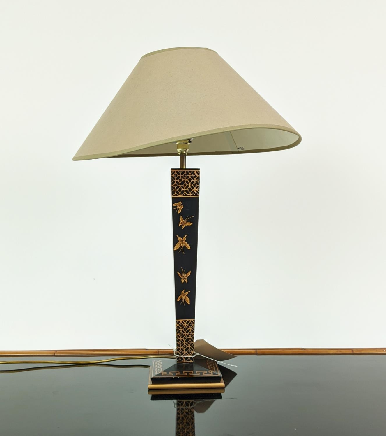 TABLE LAMP, oriental style black and gilt painted, 65cm H including shade.