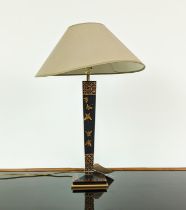 TABLE LAMP, oriental style black and gilt painted, 65cm H including shade.