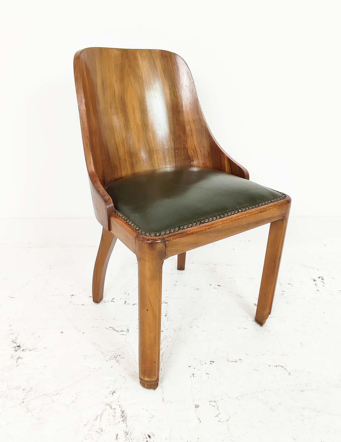ART DECO DINING CHAIRS, a set of six, walnut, with curved backs and green leather seats, each 49cm W - Image 5 of 10