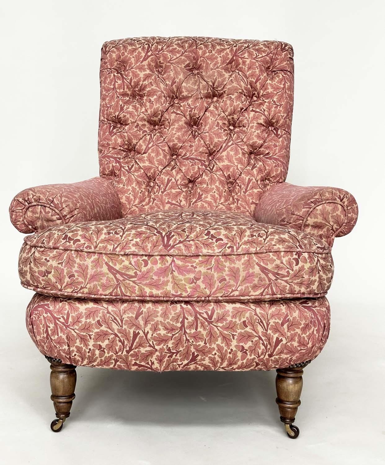 HOWARD STYLE ARMCHAIR, with button back, scroll arms, feather cushion and turned front supports - Image 4 of 7