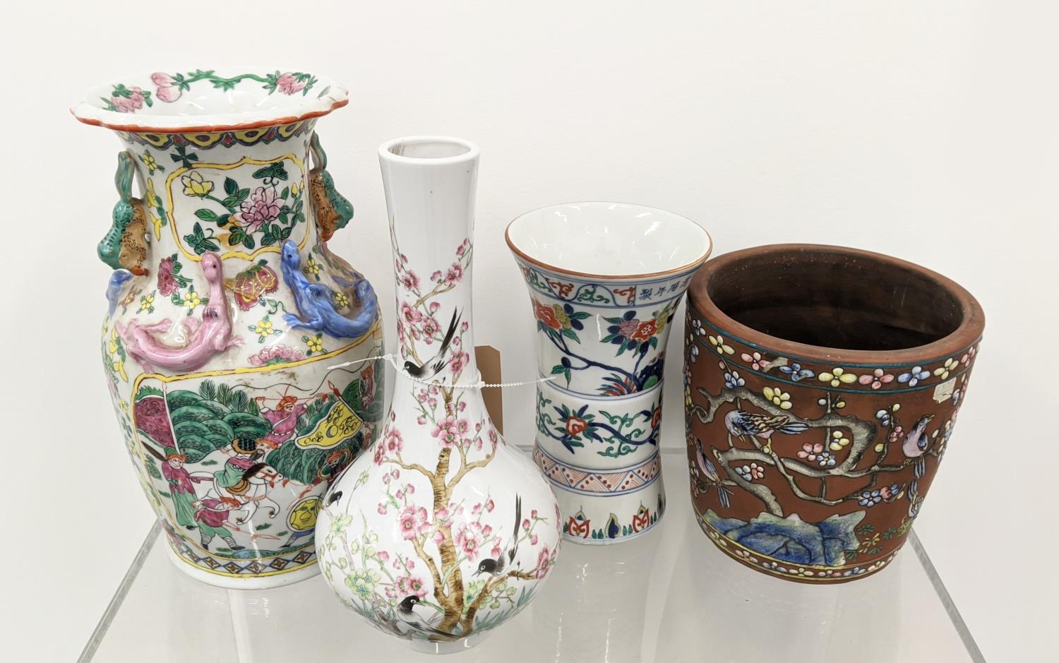 CHINESE PORCELAIN VASES, three including a bottle vase and a GU and I-Hing pottery jardiniere. (4) - Image 2 of 29