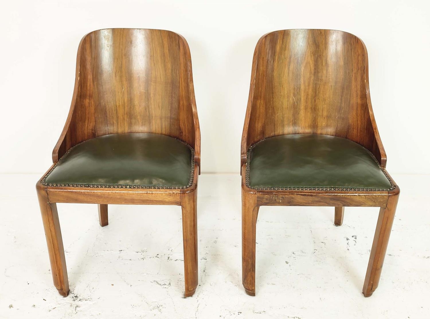 ART DECO DINING CHAIRS, a set of six, walnut, with curved backs and green leather seats, each 49cm W - Image 3 of 10