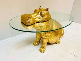 HIPPOPOTAMUS TABLE, glass top gilt resin base, 65cm H x 45cm x 50cm L.