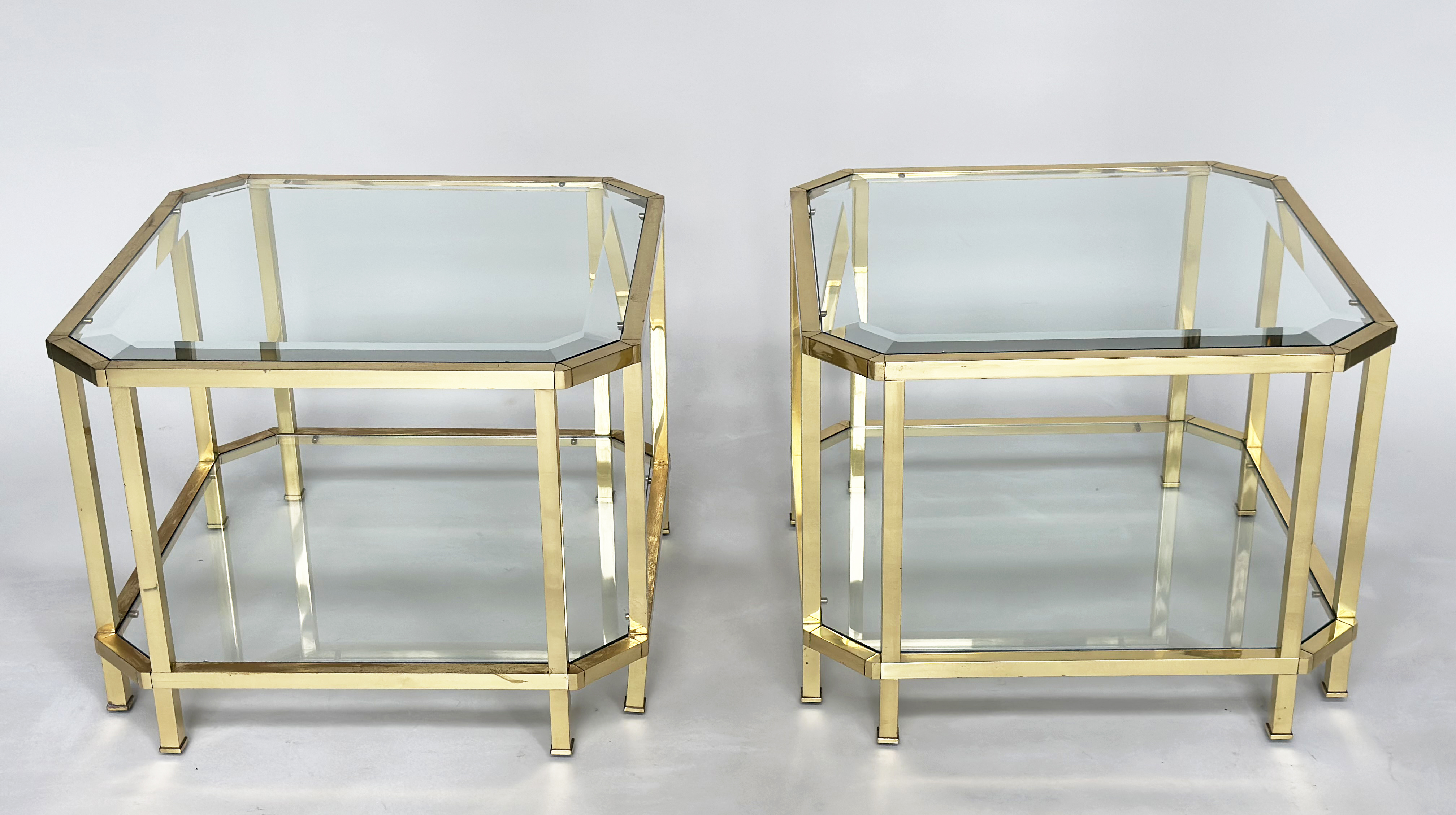 LAMP TABLES, a pair, 1970's gilt metal, square with canted corners and bevelled glass and glazed - Image 8 of 8