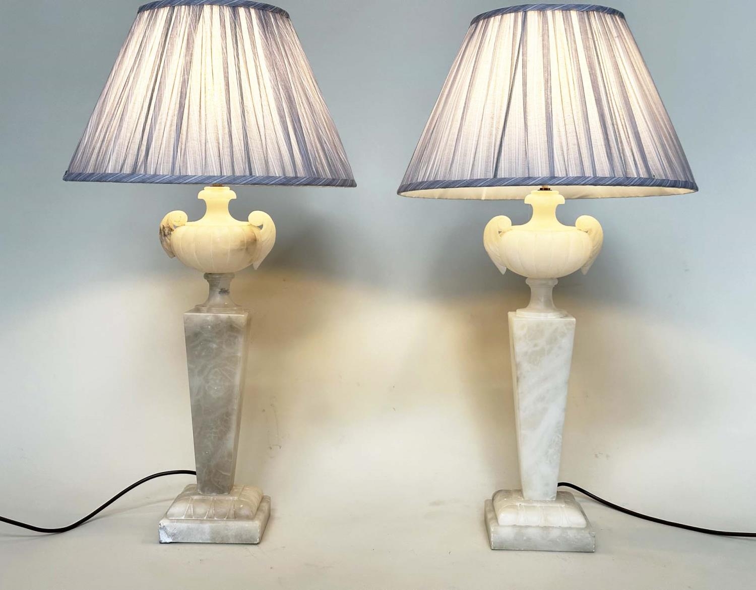 ALABASTER LAMPS, a pair, Italian alabaster each with urn surmount and facetted graduated column, - Image 2 of 8