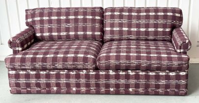 SOFA, Swedish check purple/white upholstery with scroll arms, 203cm W.