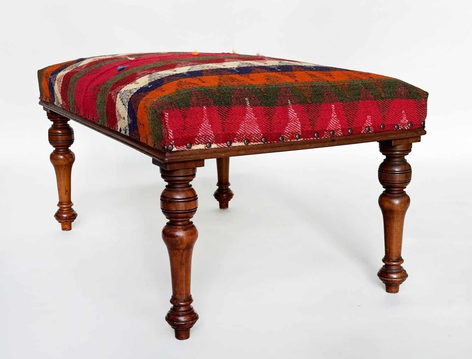 HEARTH STOOL, Victorian walnut rectangular with Persian Qashqai kelim upholstery and well turned - Image 12 of 12