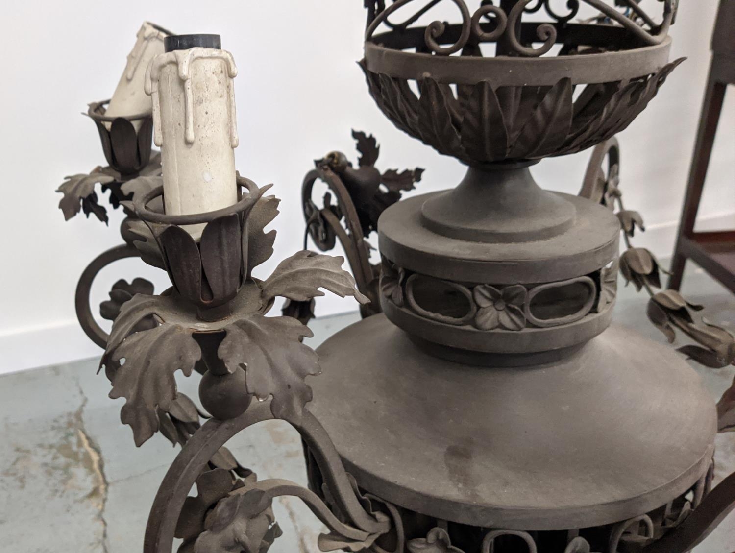 CHANDELIER, patinated metal of six lights, approx 98cm H x 66cm W. - Image 3 of 6