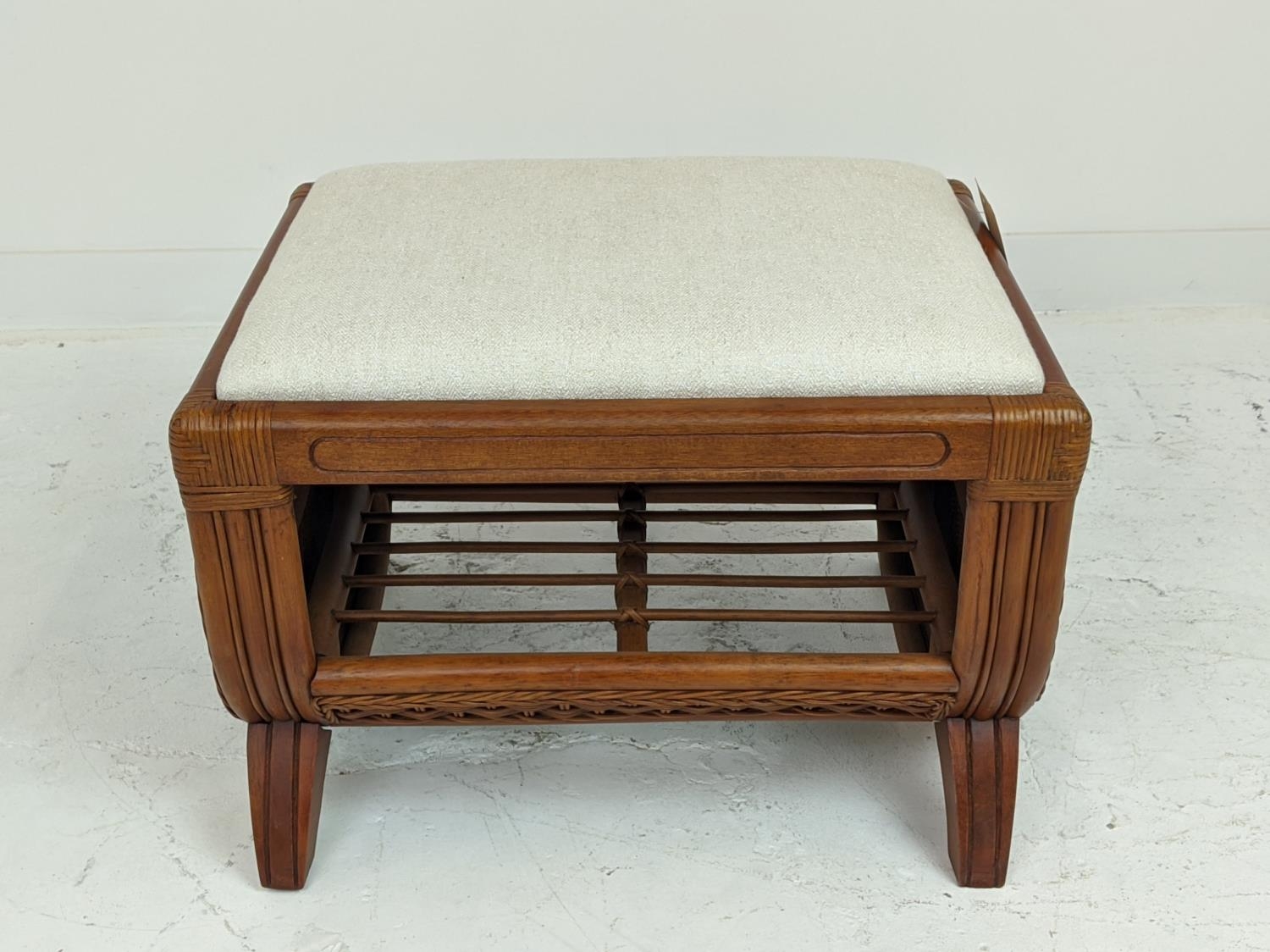 WINDOW SEAT, wicker detail, with white fabric upholstered seat, 52cm x 67cm x 50cm.