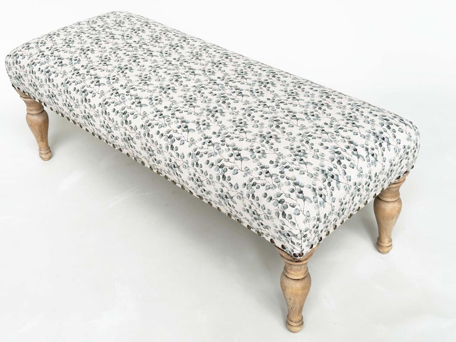 WINDOW SEAT, rectangular with close nailed eucalytus printed cotton upholstery and turned - Image 7 of 10