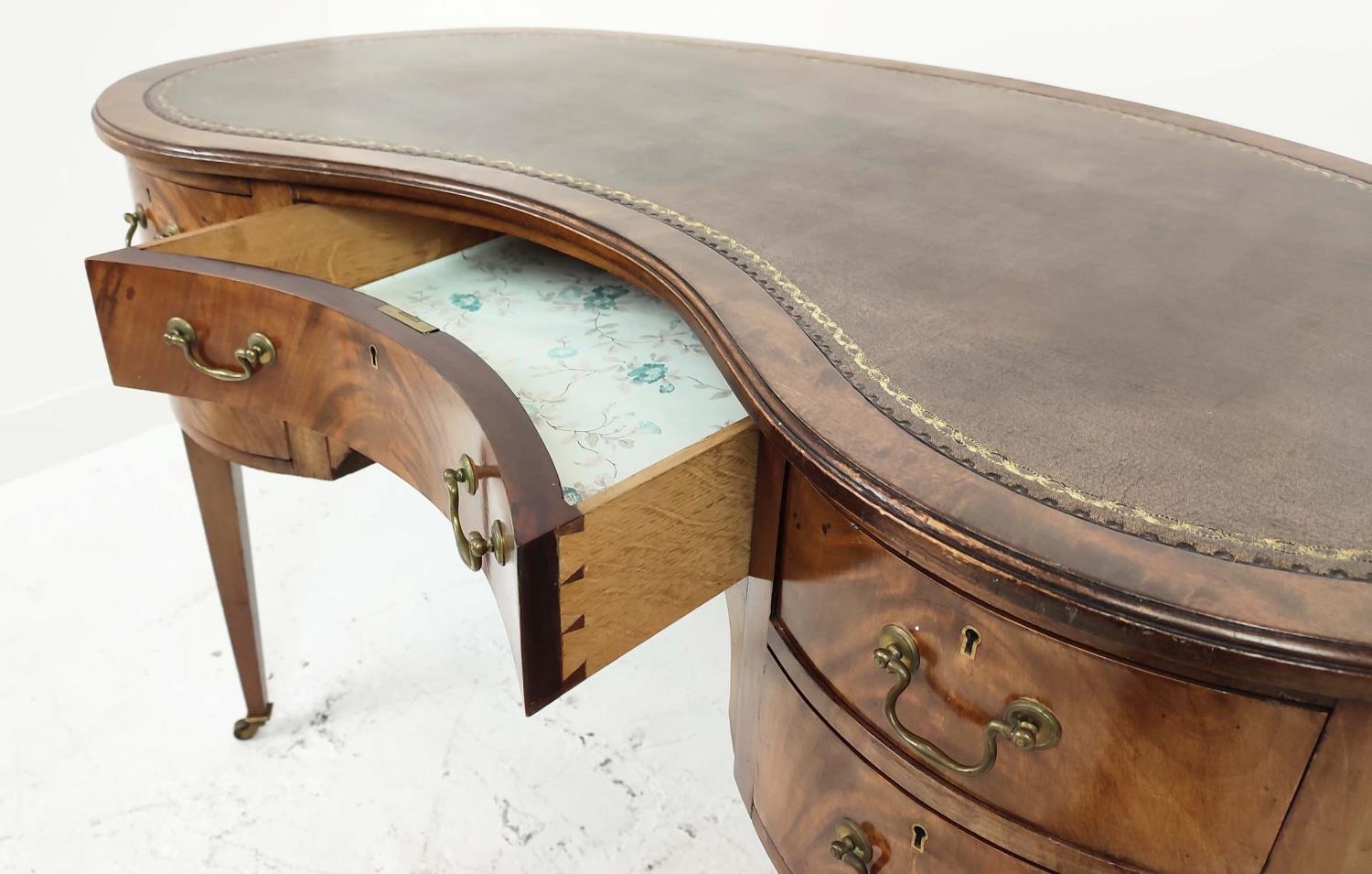 KIDNEY SHAPED DESK, Edwardian mahogany, with inlaid tooled brown leather top over five drawers, - Image 5 of 9