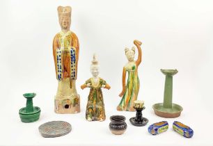 CHINESE SANCAI FIGURES, three, with various funerary earthenware. (11) (Qty) 58cm High