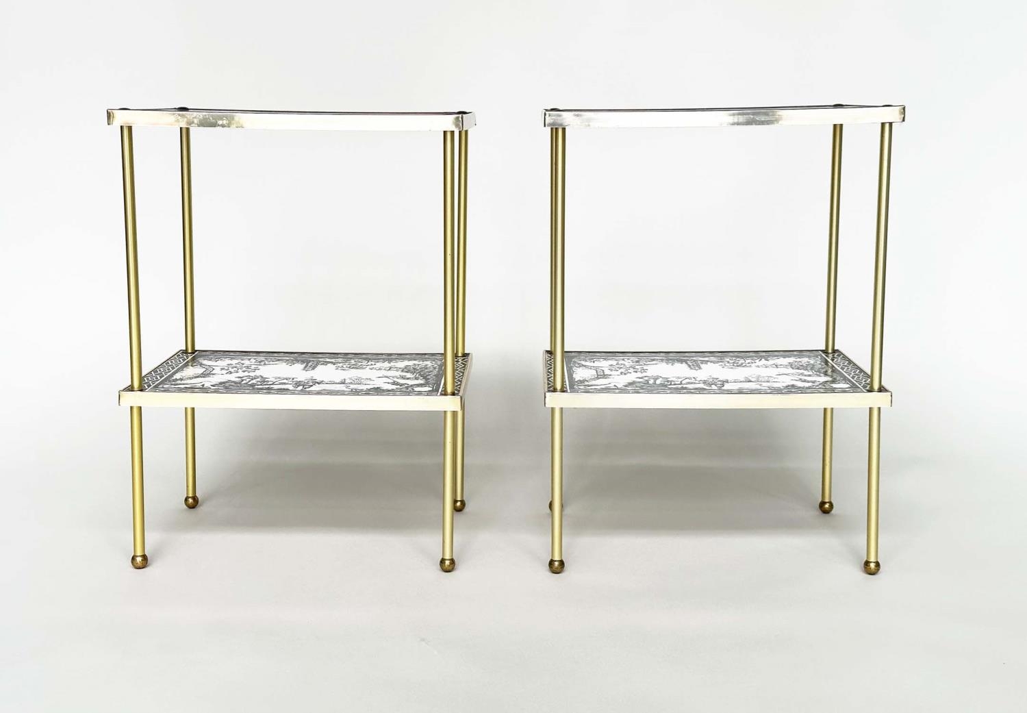 ETAGERES, a pair, Regency style, gilt metal each with two tiers and scenes depicting black and white - Image 11 of 11