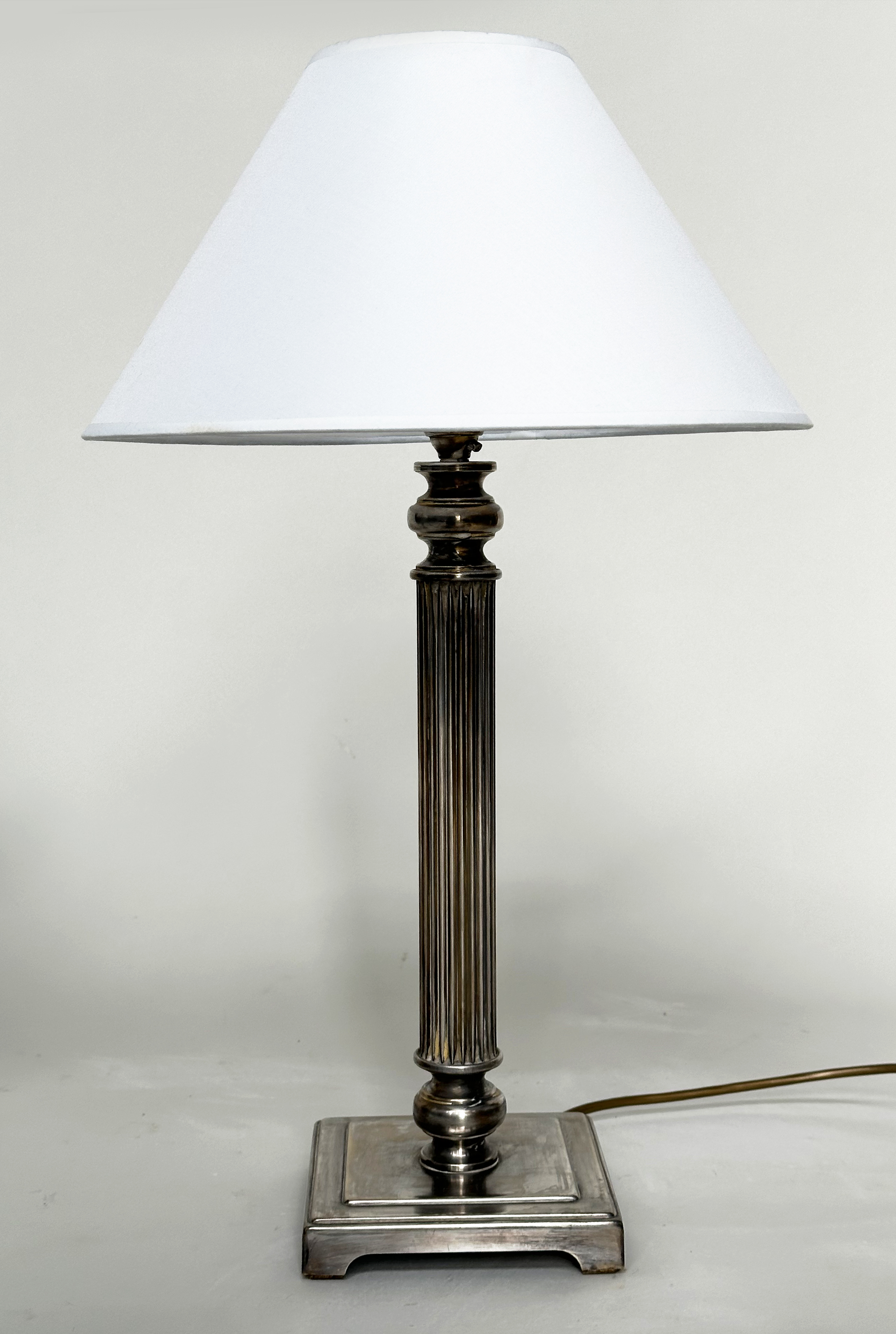 TABLE LAMPS, a pair, silvered metal each with reeded column, and square bases (with shades), 66cm H. - Image 4 of 6
