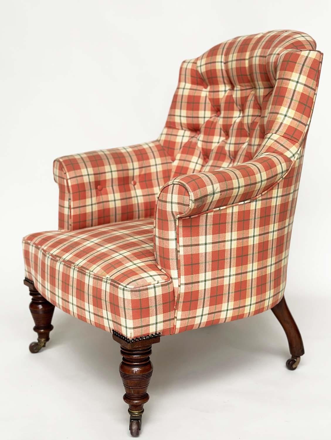 ARMCHAIR, Victorian mahogany line check button upholstery, with scroll arms and turned supports,