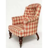 ARMCHAIR, Victorian mahogany line check button upholstery, with scroll arms and turned supports,