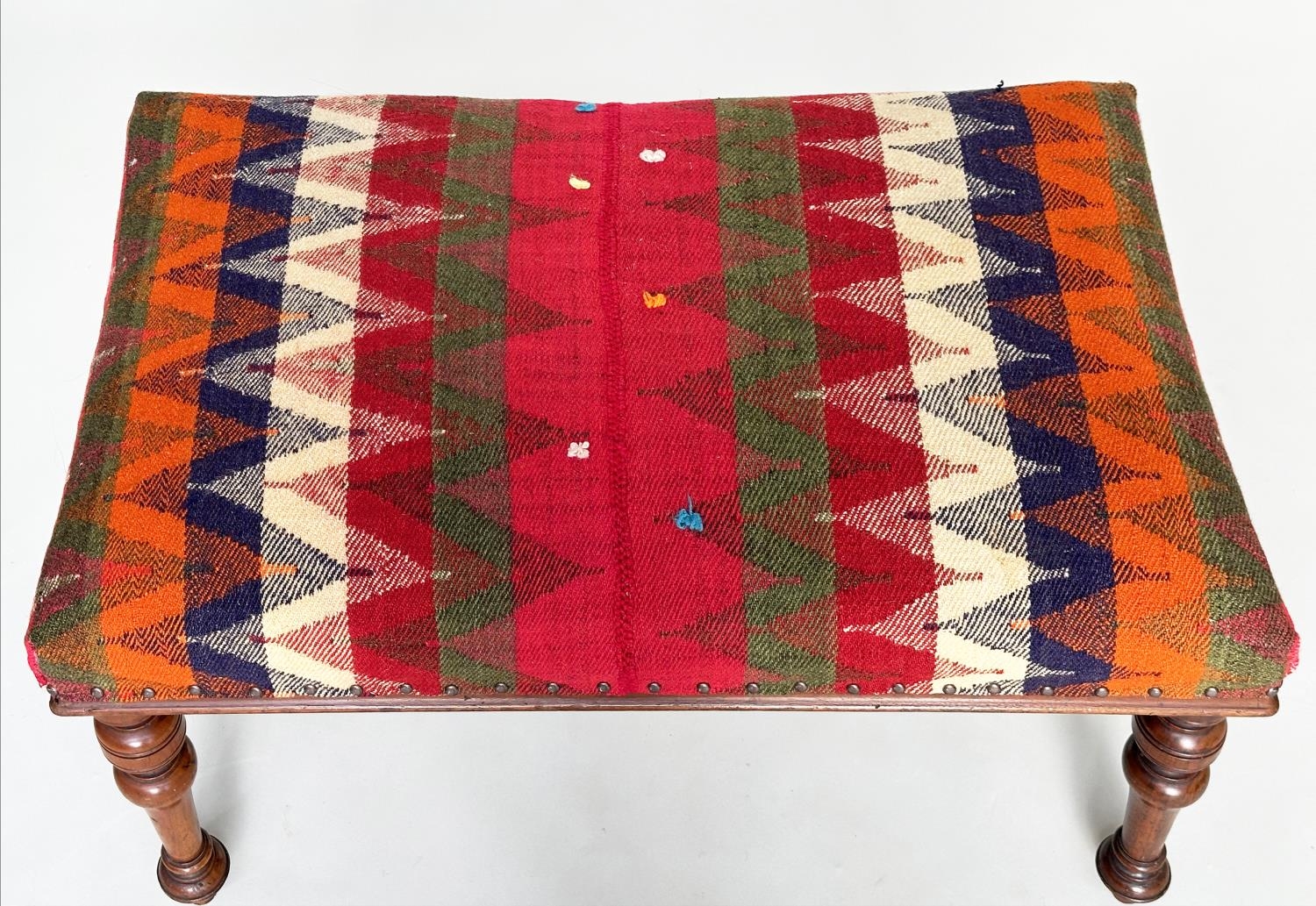 HEARTH STOOL, Victorian walnut rectangular with Persian Qashqai kelim upholstery and well turned - Image 3 of 12