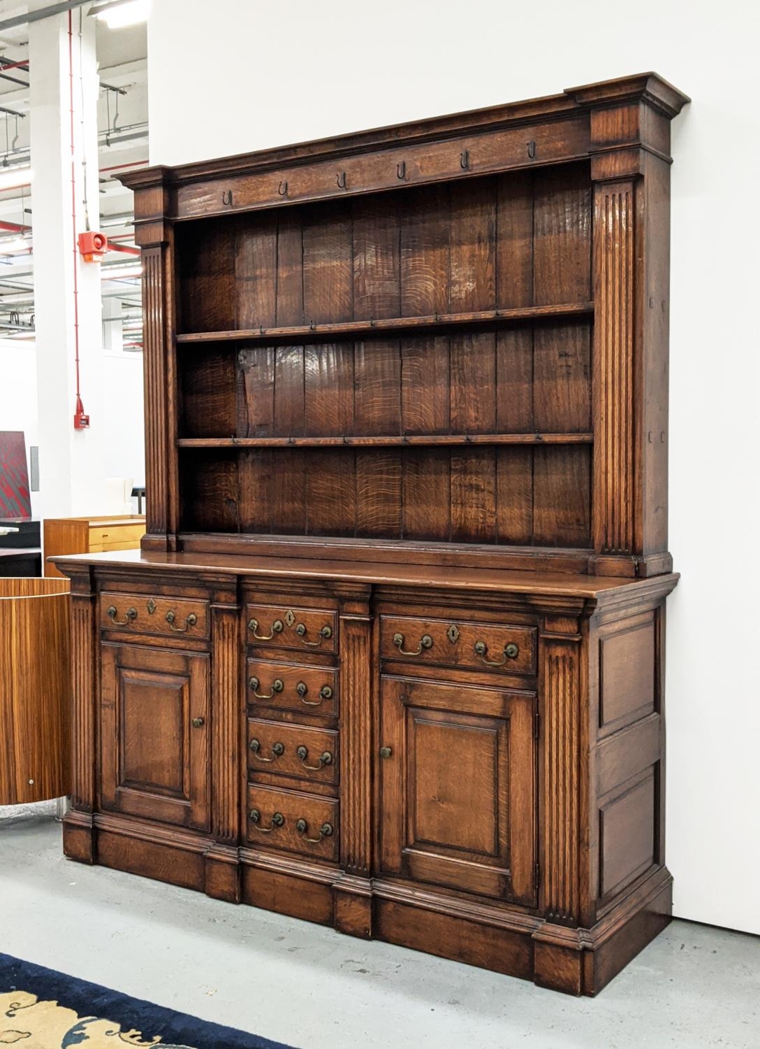 DRESSER, Georgian design oak the plate rack over six drawers and two cupboard doors with square - Image 2 of 11