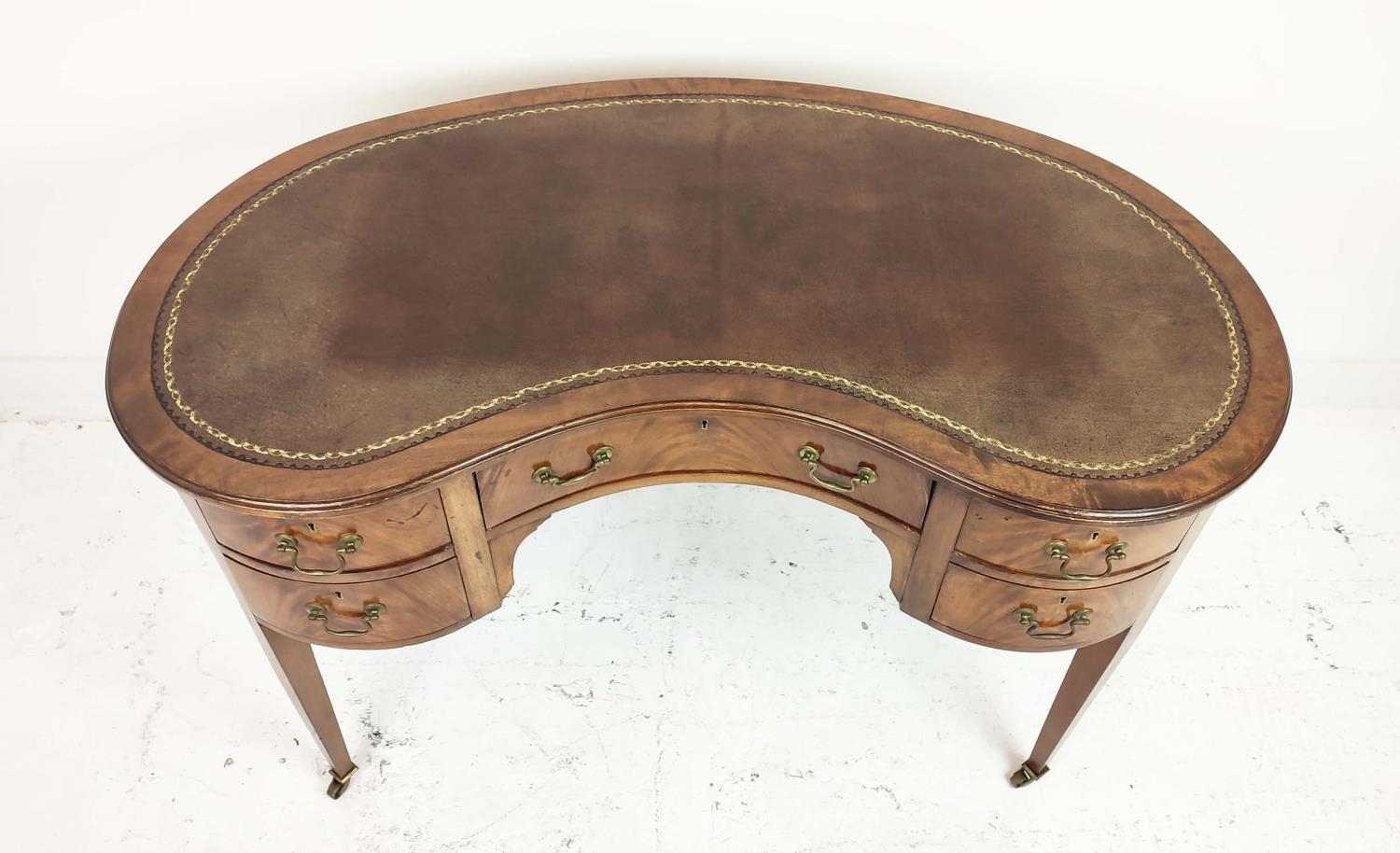 KIDNEY SHAPED DESK, Edwardian mahogany, with inlaid tooled brown leather top over five drawers, - Image 6 of 9