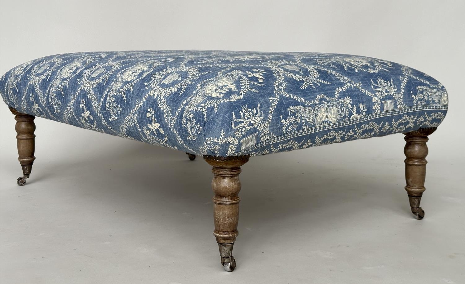 HEARTH STOOL, rectangular Pierre Frey toile de jouy upholstered with limed oak tapering supports, - Image 4 of 11