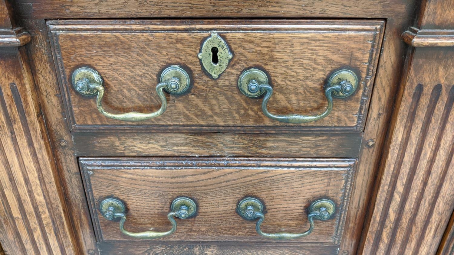 DRESSER, Georgian design oak the plate rack over six drawers and two cupboard doors with square - Image 8 of 11