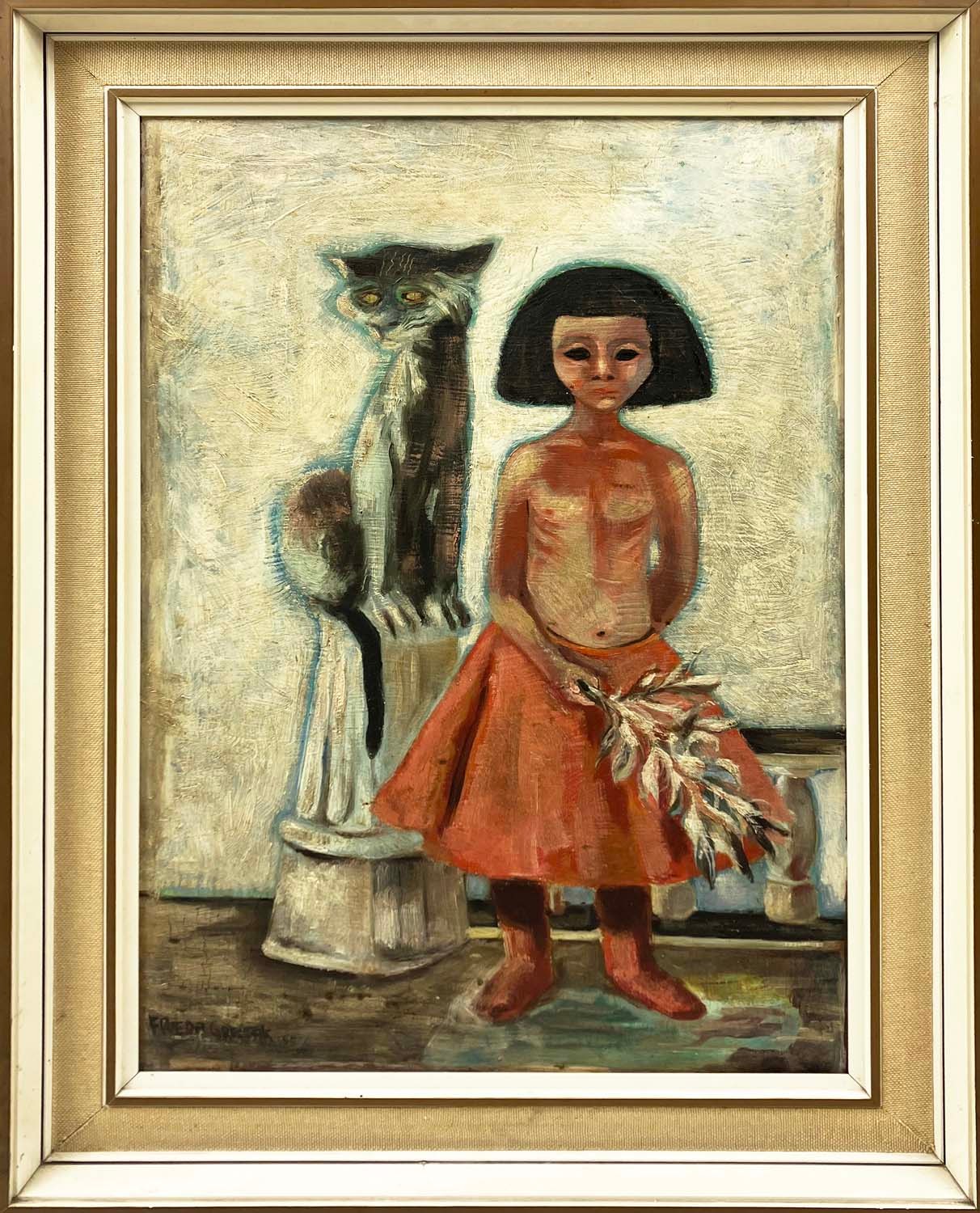 FREDA GRESAK, 'Girl with cat', oil on board, 51cm x 34cm, signed and dated '55, framed.