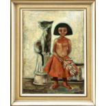 FREDA GRESAK, 'Girl with cat', oil on board, 51cm x 34cm, signed and dated '55, framed.